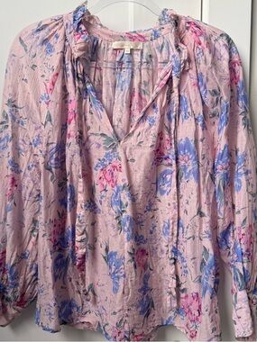 LoveShackFancy Pink Floral Ruffled Tie-Neck Blouse